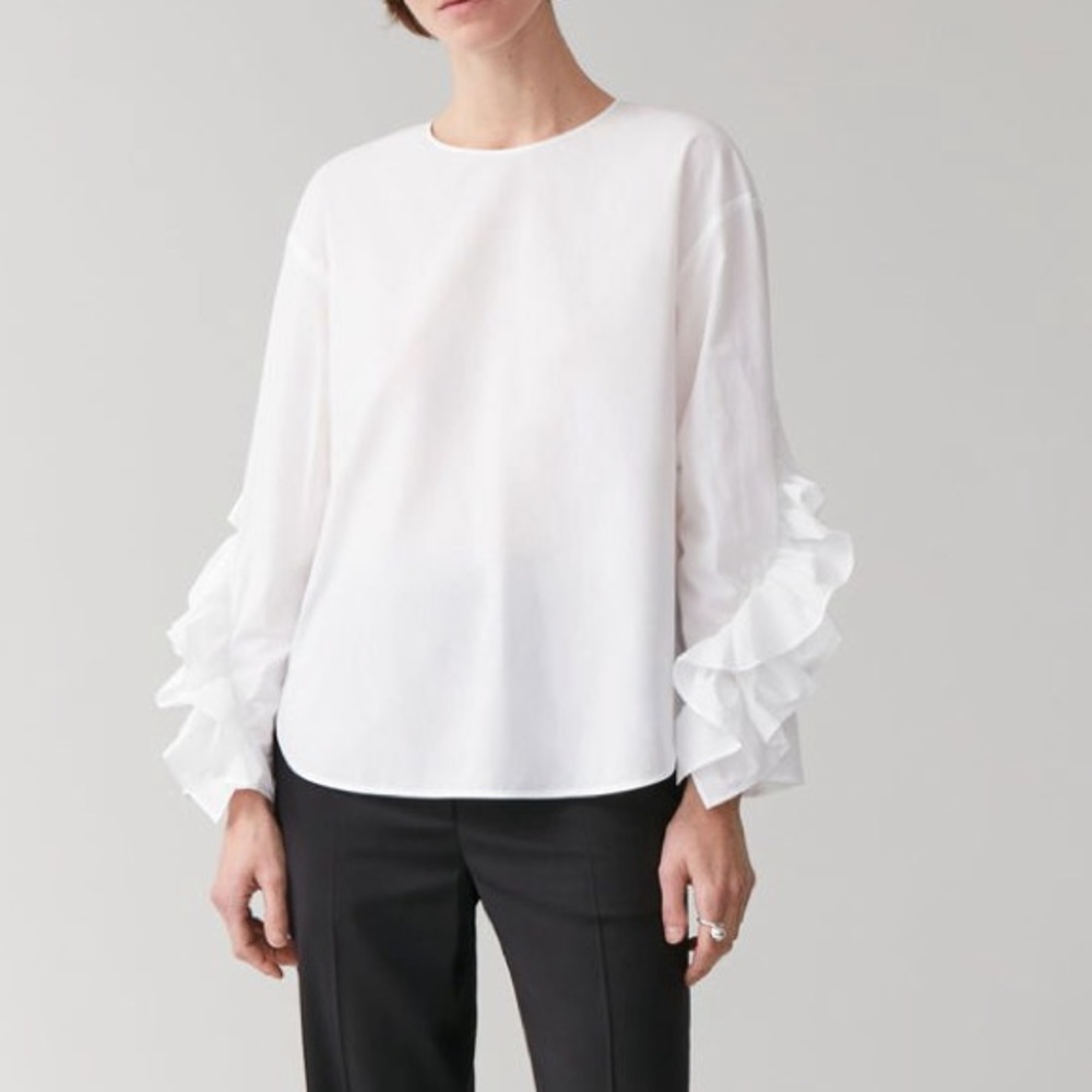 COS Ruffle Cotton Poplin Longsleeve White Top Size 4